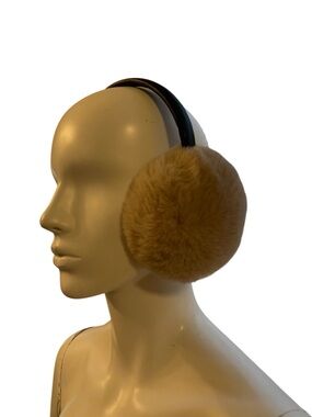 Cozy light brown earmuffs with leather accents.
